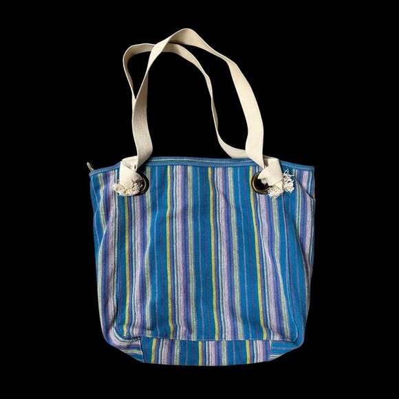 Striped Woven Canvas Tote Bag Zipper Handles Beach Bag Blue Purple Michael Stars - Picture 2 of 11